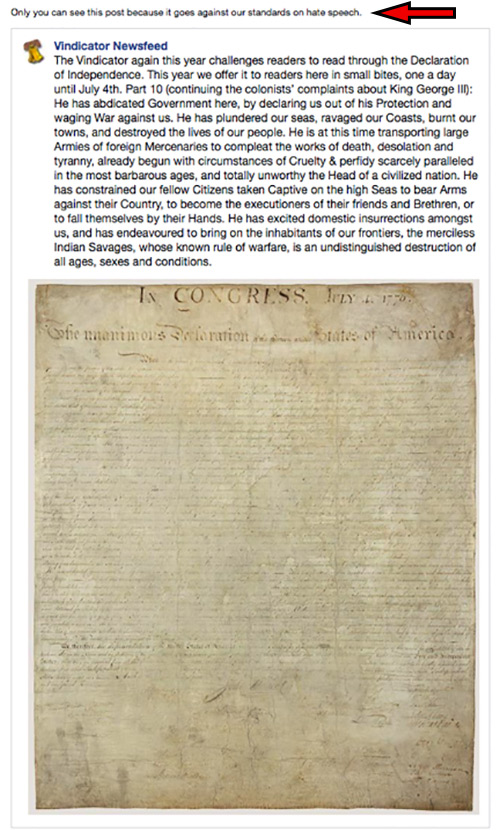 Facebook Algorithm Flags The Declaration Of Independence As “Hate Speech”